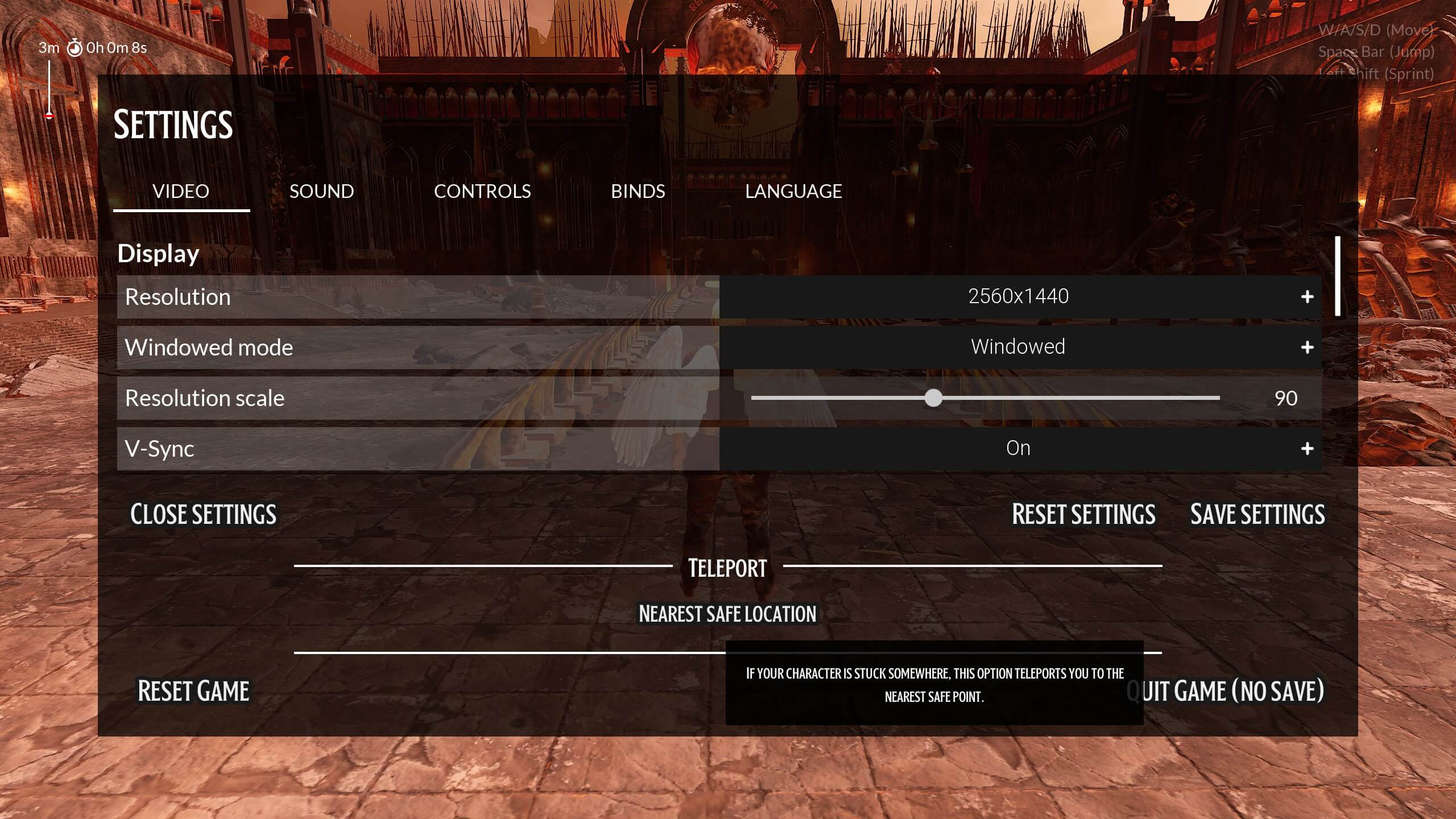 The main menu showing the game settings and the teleport to the nearest safe location button.