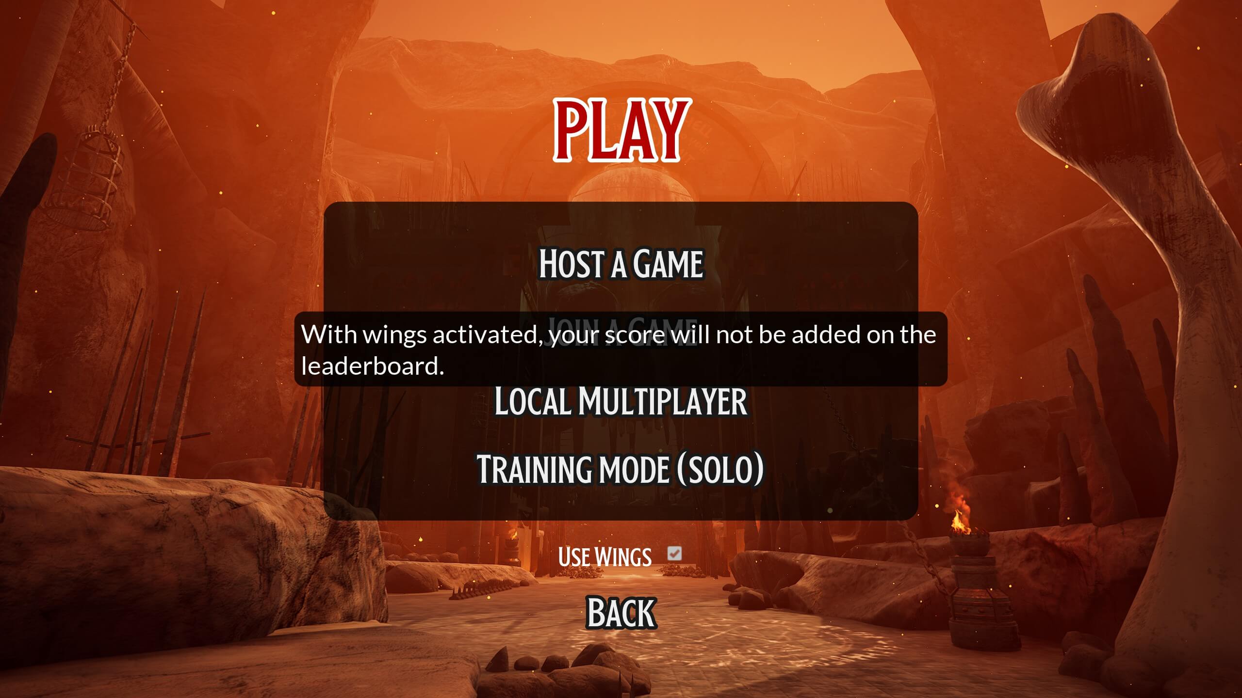 The main menu screen with the "USE WINGS" checkbox.