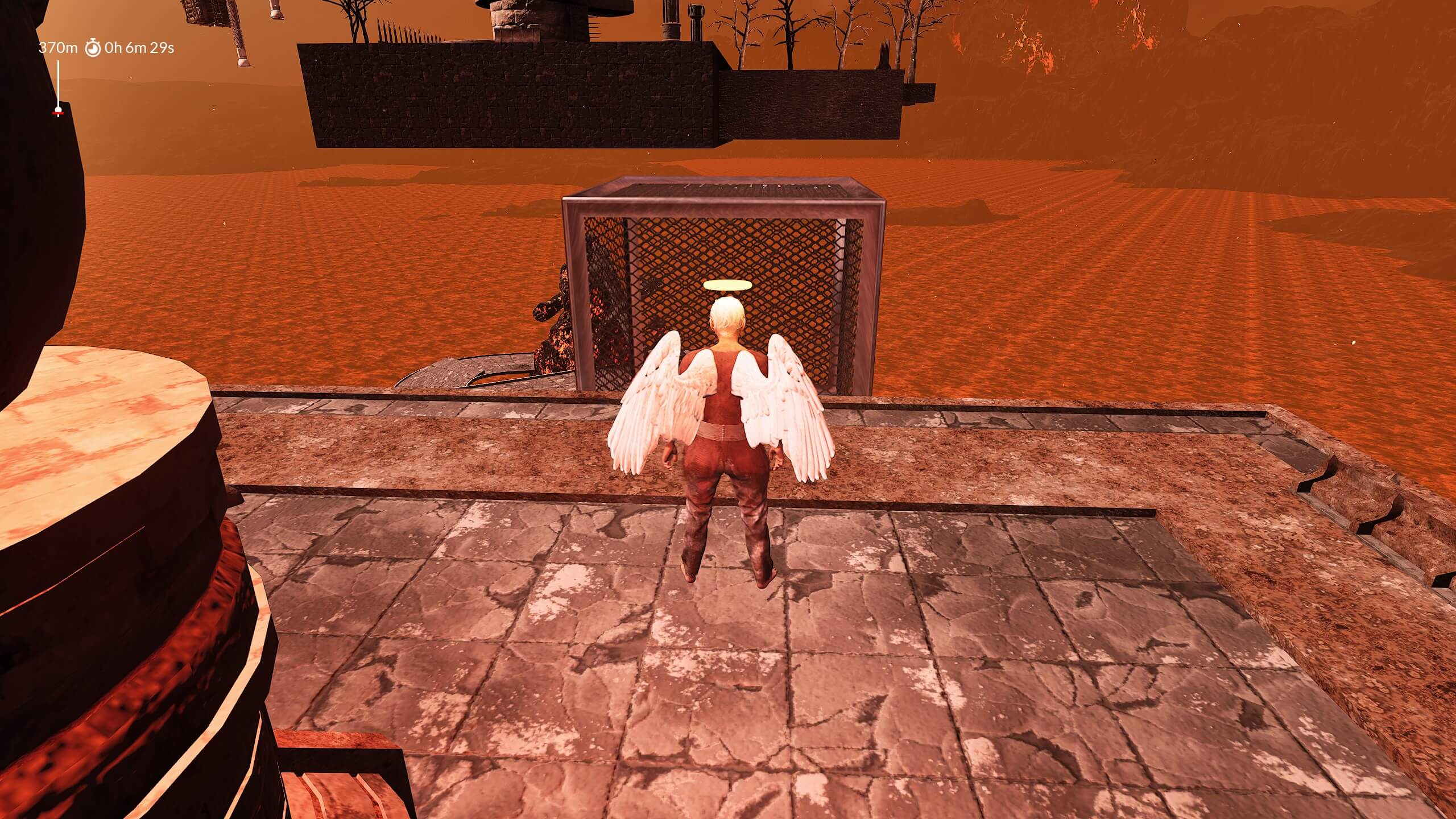 The player wearing the wings, preparing to jump onto a rotating cube platform.