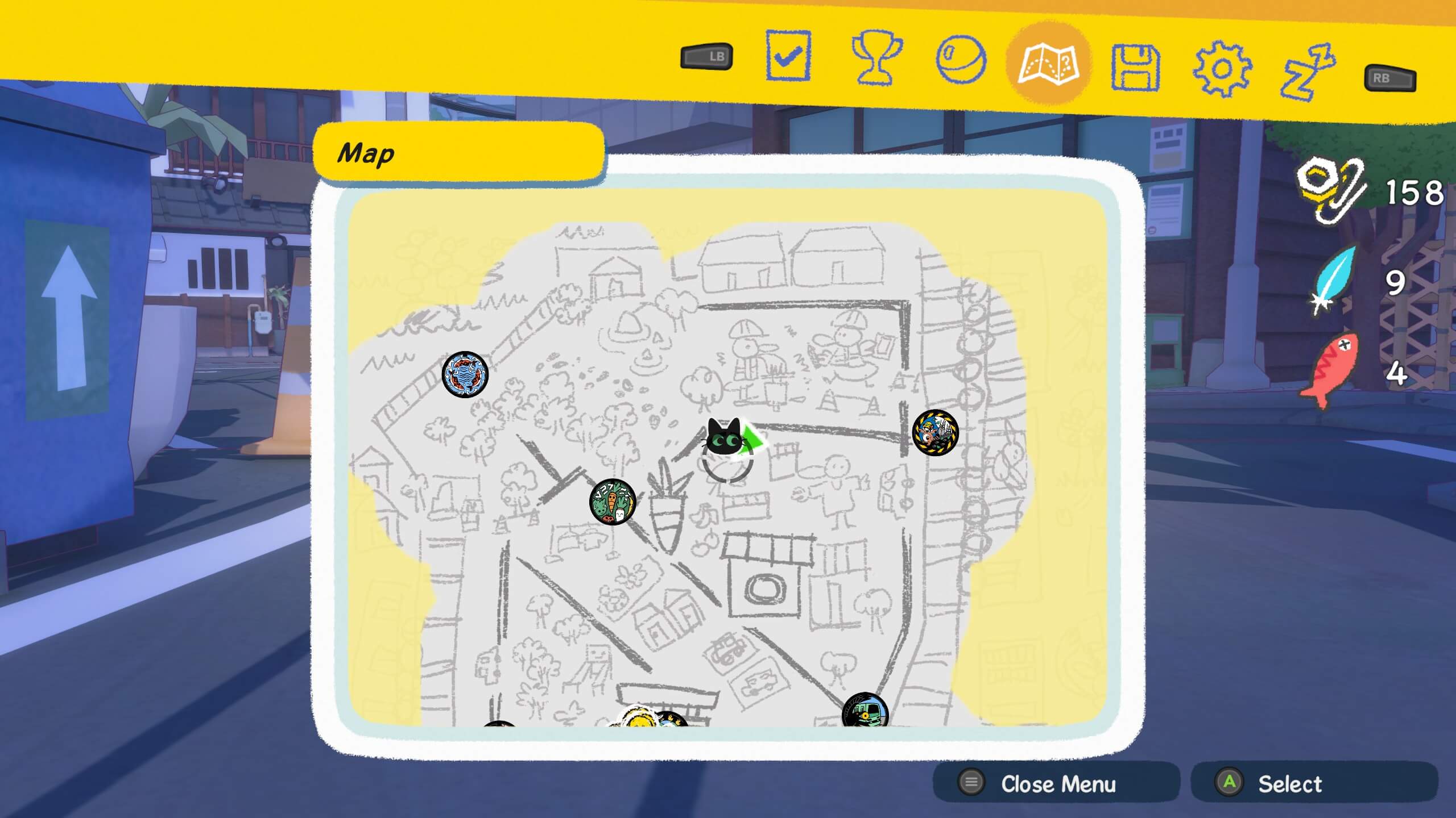 The game map is shown, with the position of the kitty. It is about the center of the map.