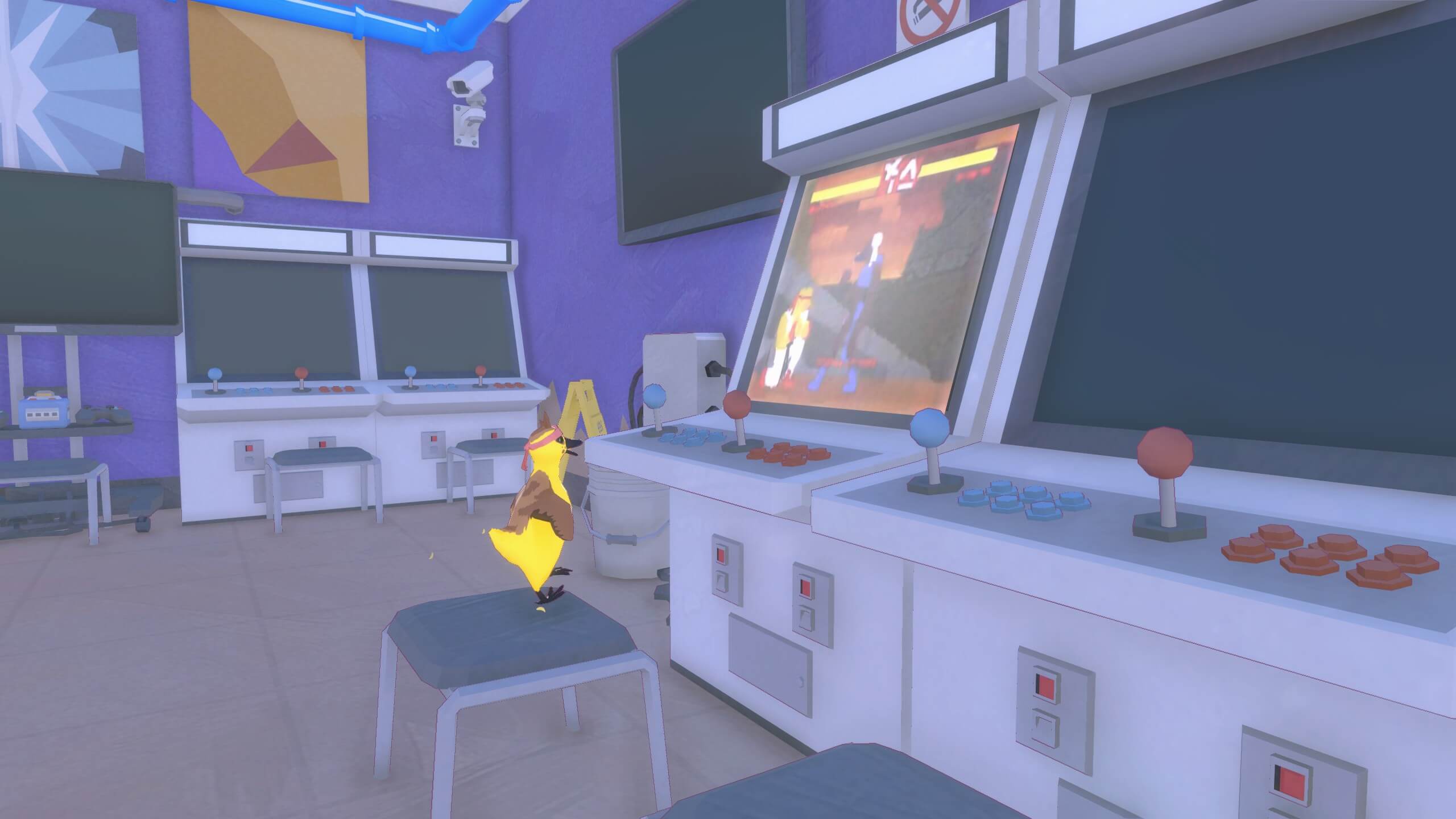 A duckling is standing on a stool inside an arcade, in front of an arcade machine showing a fighting game. He is happy and jumping.