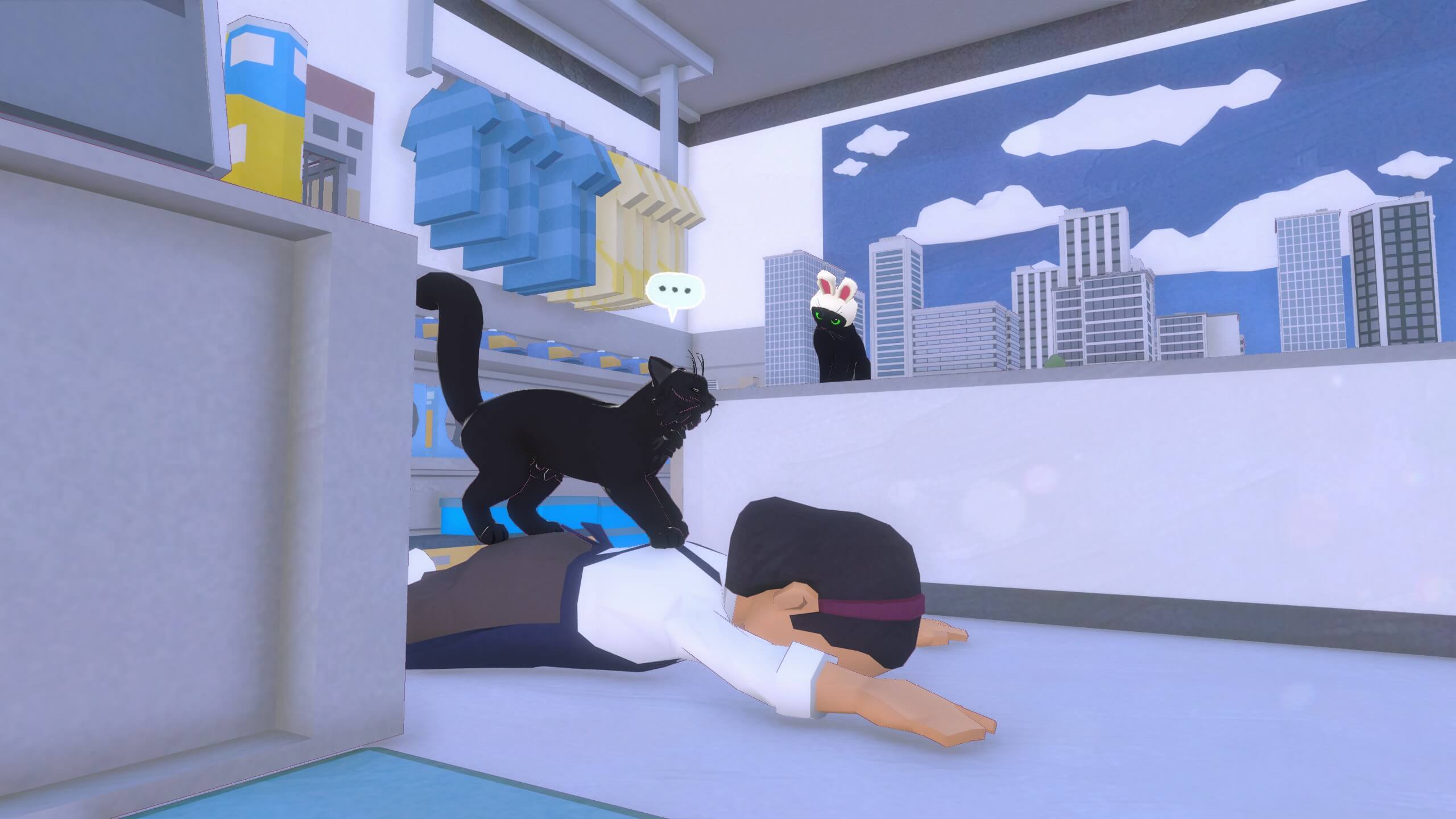 The kitty is standing on an elevated platform with a modelled city with skyscrapers. It is looking down where a cat is standing on top of an unconscious human woman, making muffins on her back. Either that, or the cat has performed an assassination.