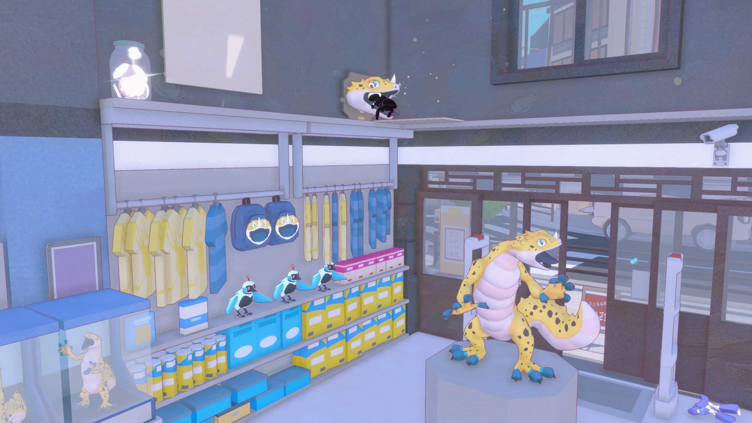 The kitty is taking a nap inside a mounted head of a black-spotted yellow monster, overlooking a shop's storefront.