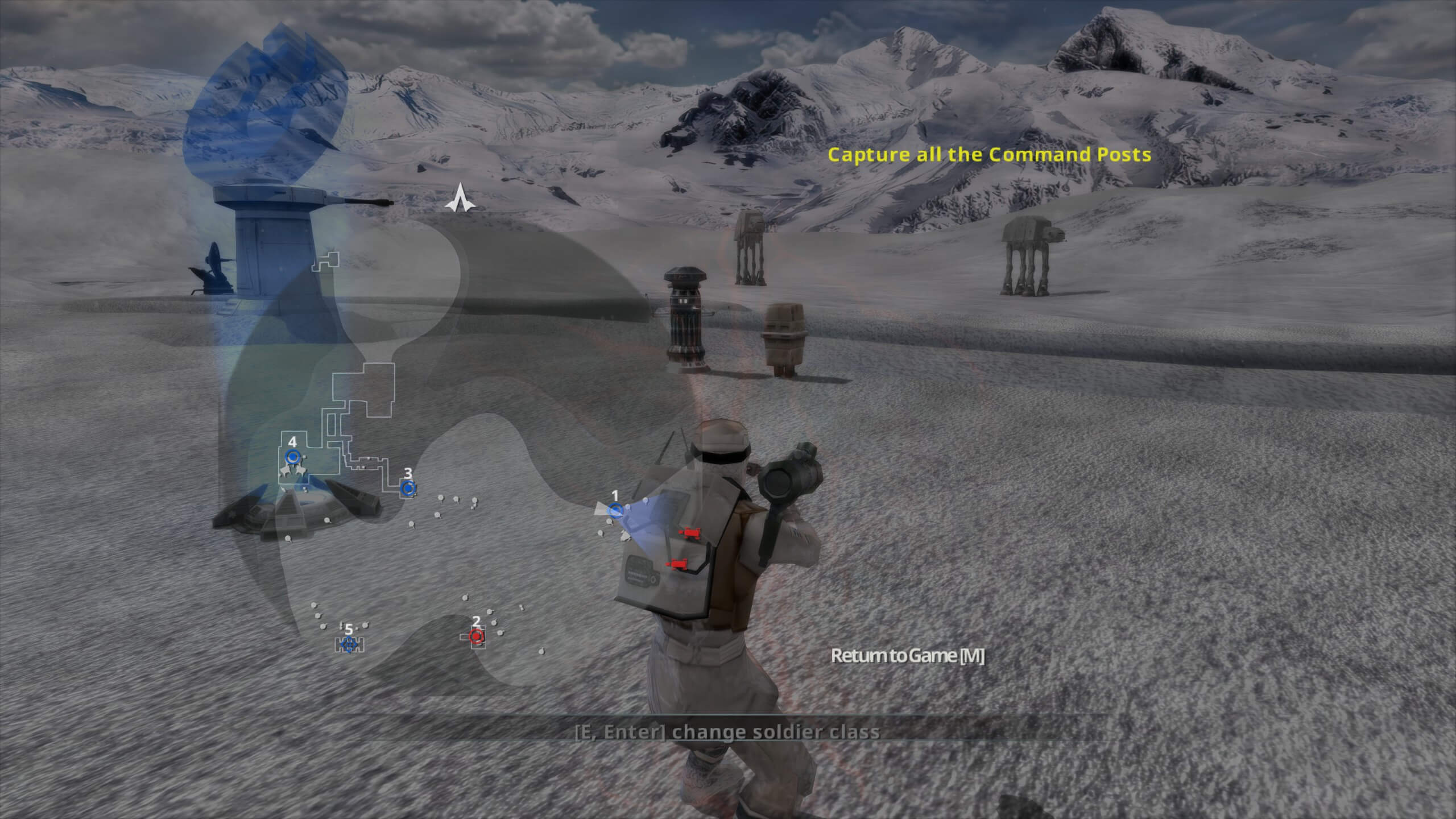 The player character is on Hoth with the map overlay on the screen, showing the command posts. There are droids and AT-ATs in the background behidn the overlay.