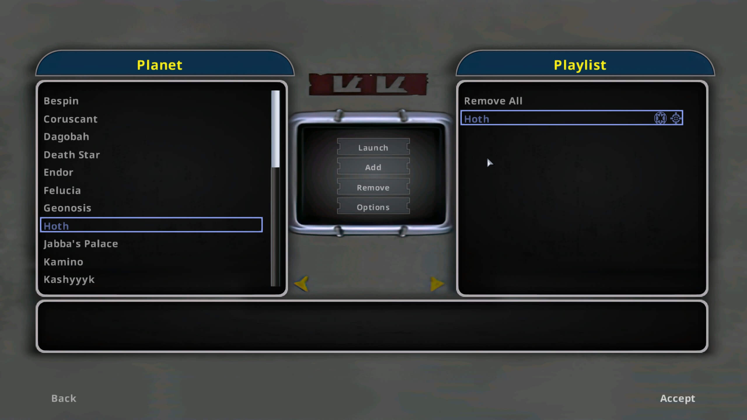 The Instant Action menu, with the Hoth planet set on the playlist.