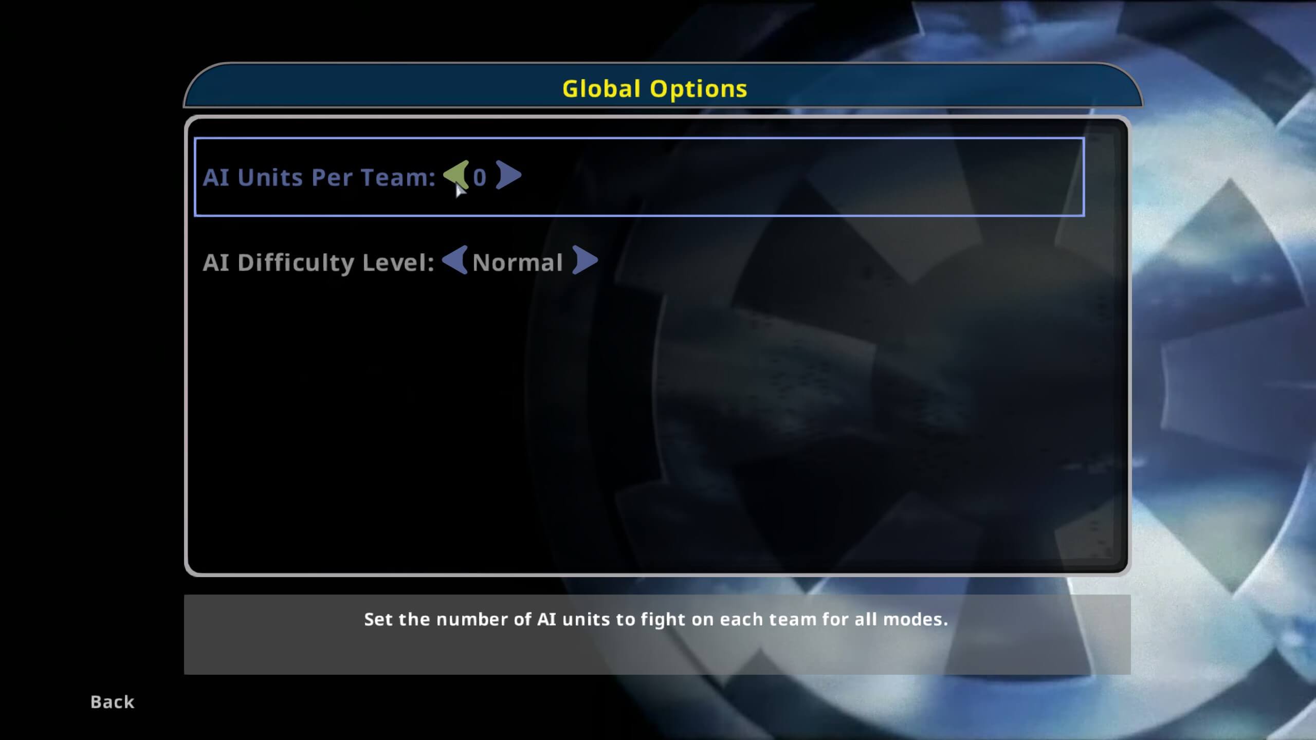 The global options screen. The AI units per team option is set to 0 and AI difficulty level is set to normal.