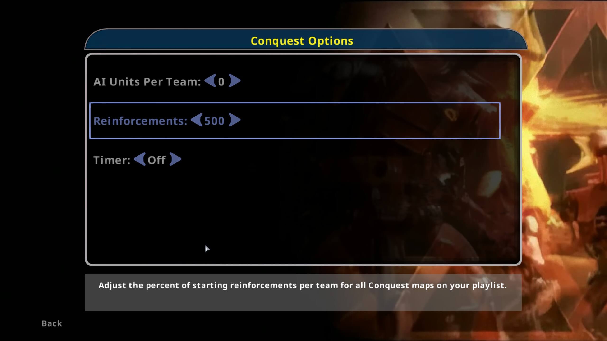 The conquest options screen. The AI units per team is set to 0. The reinforcements option is set to 500 and the timer option is set to "off".