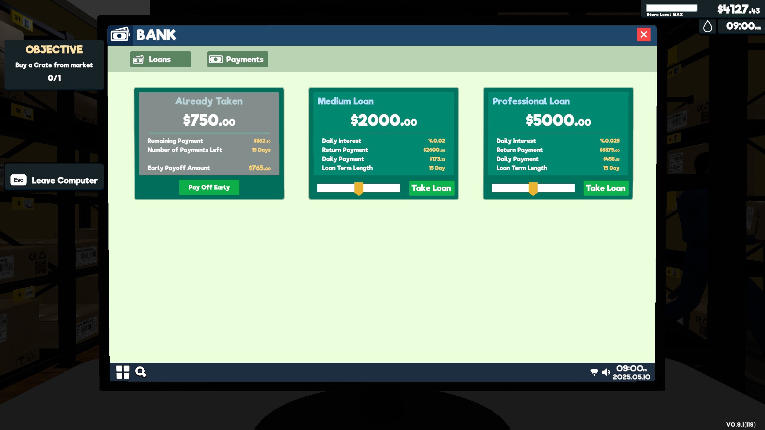 Available bank loans on the store computer, with one ready to be paid back