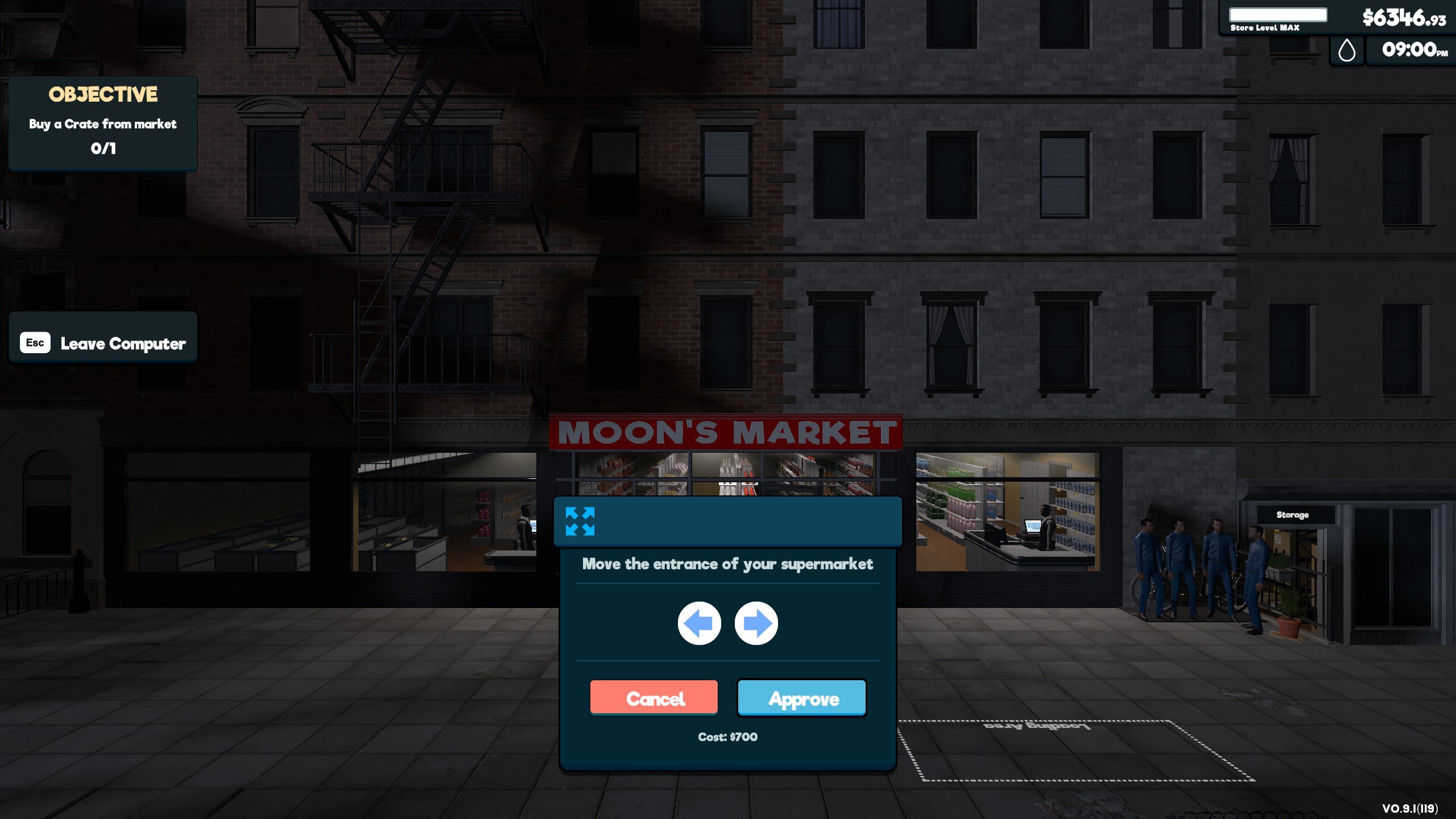 Outside view of the supermarket, with UI to change the door position