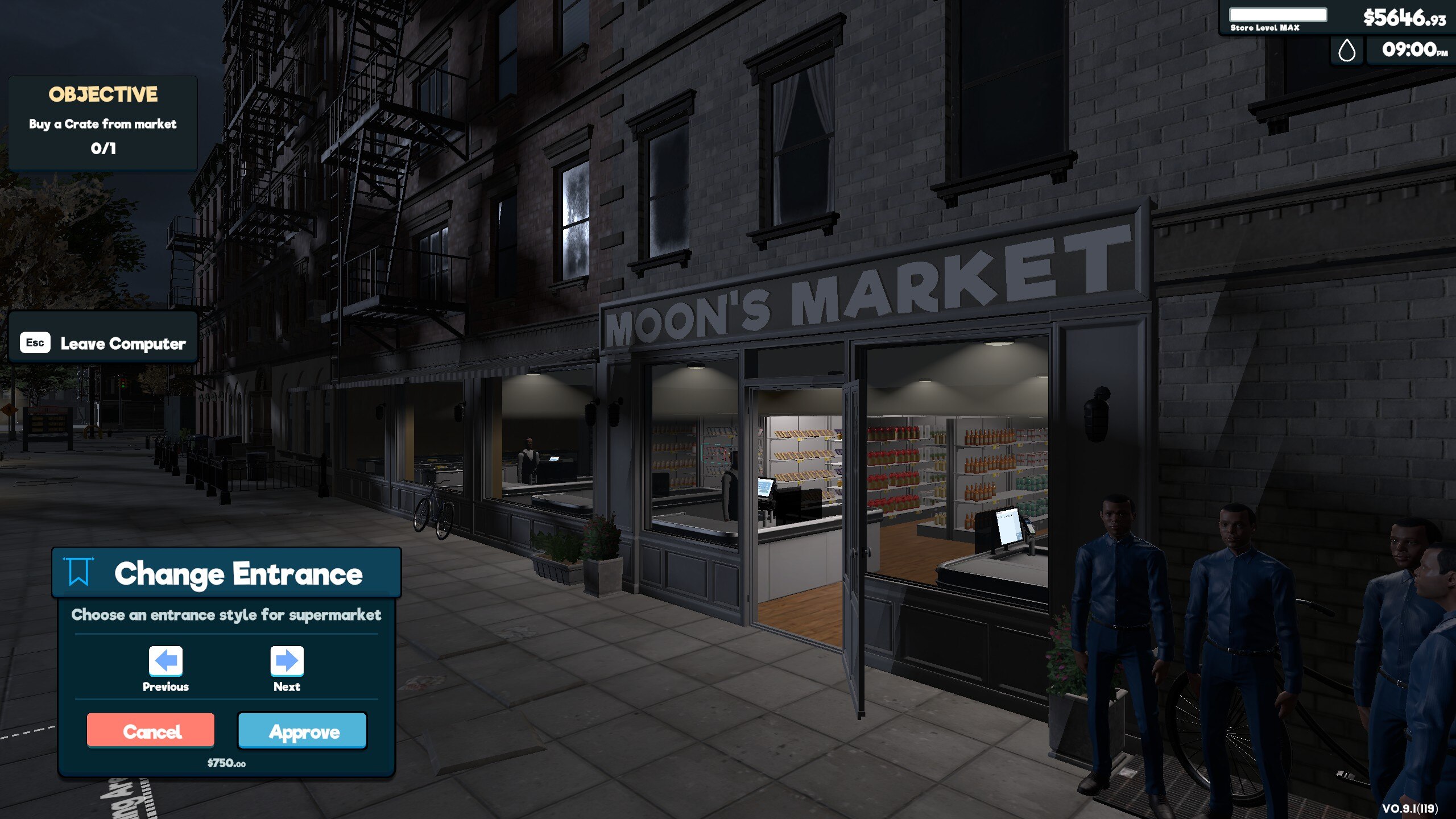 Outside view of the supermarket, with UI to change the entrance style