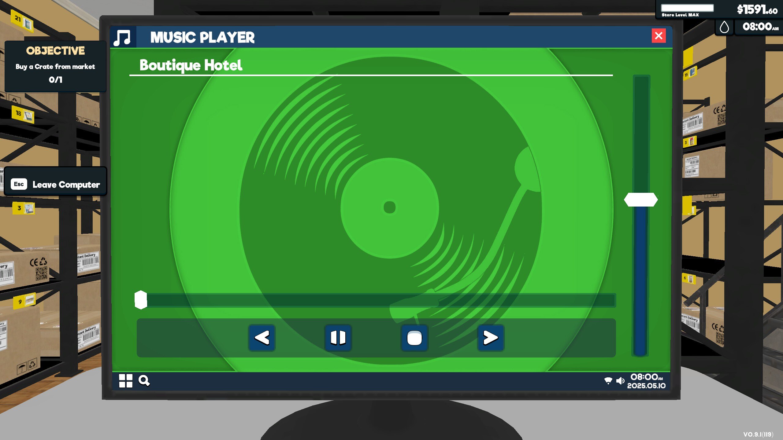 The music player app on the store computer, playing a track called "Boutique Hotel"