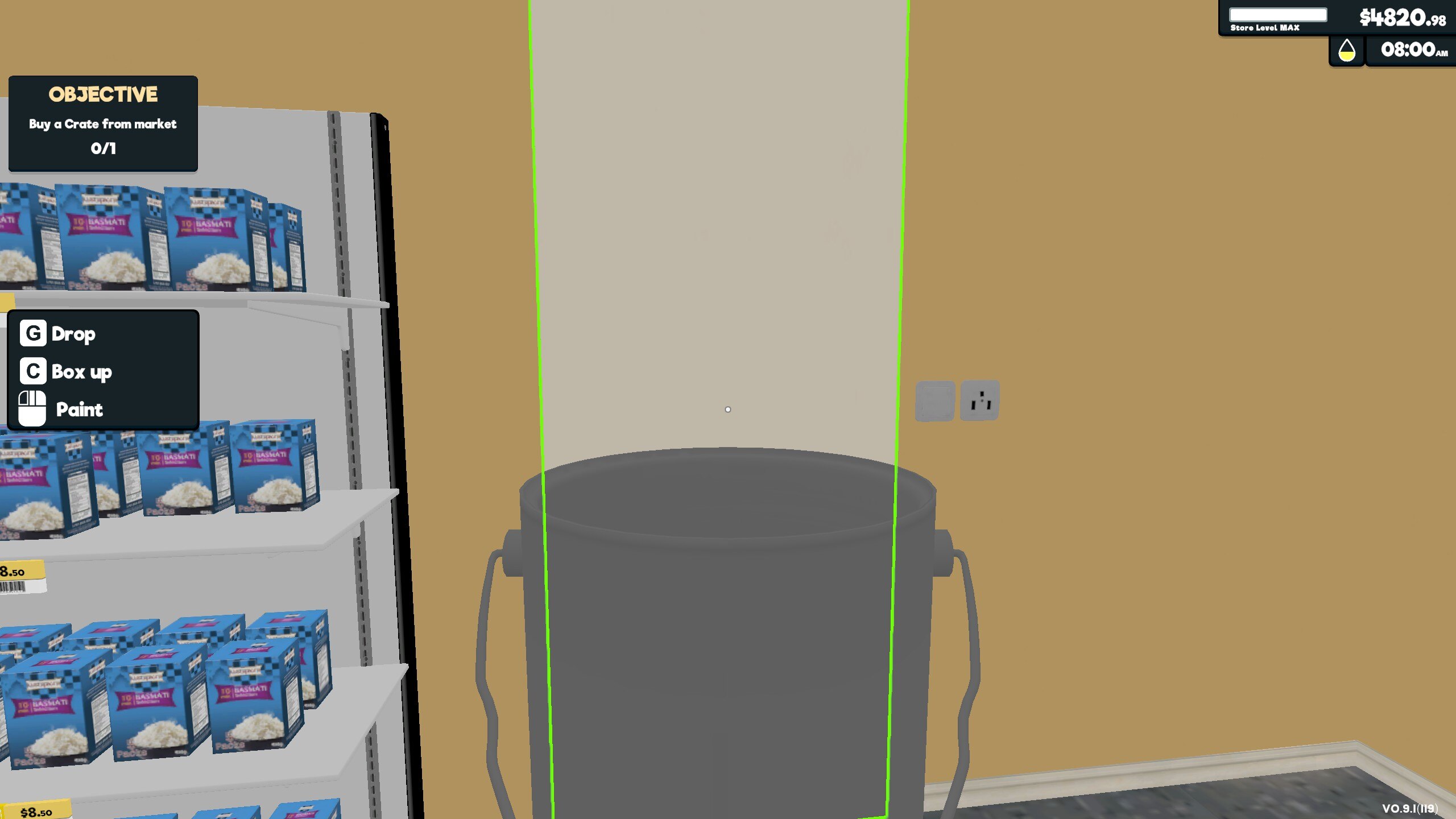 An empty bucket of paint, that's painted part of yellow wall white