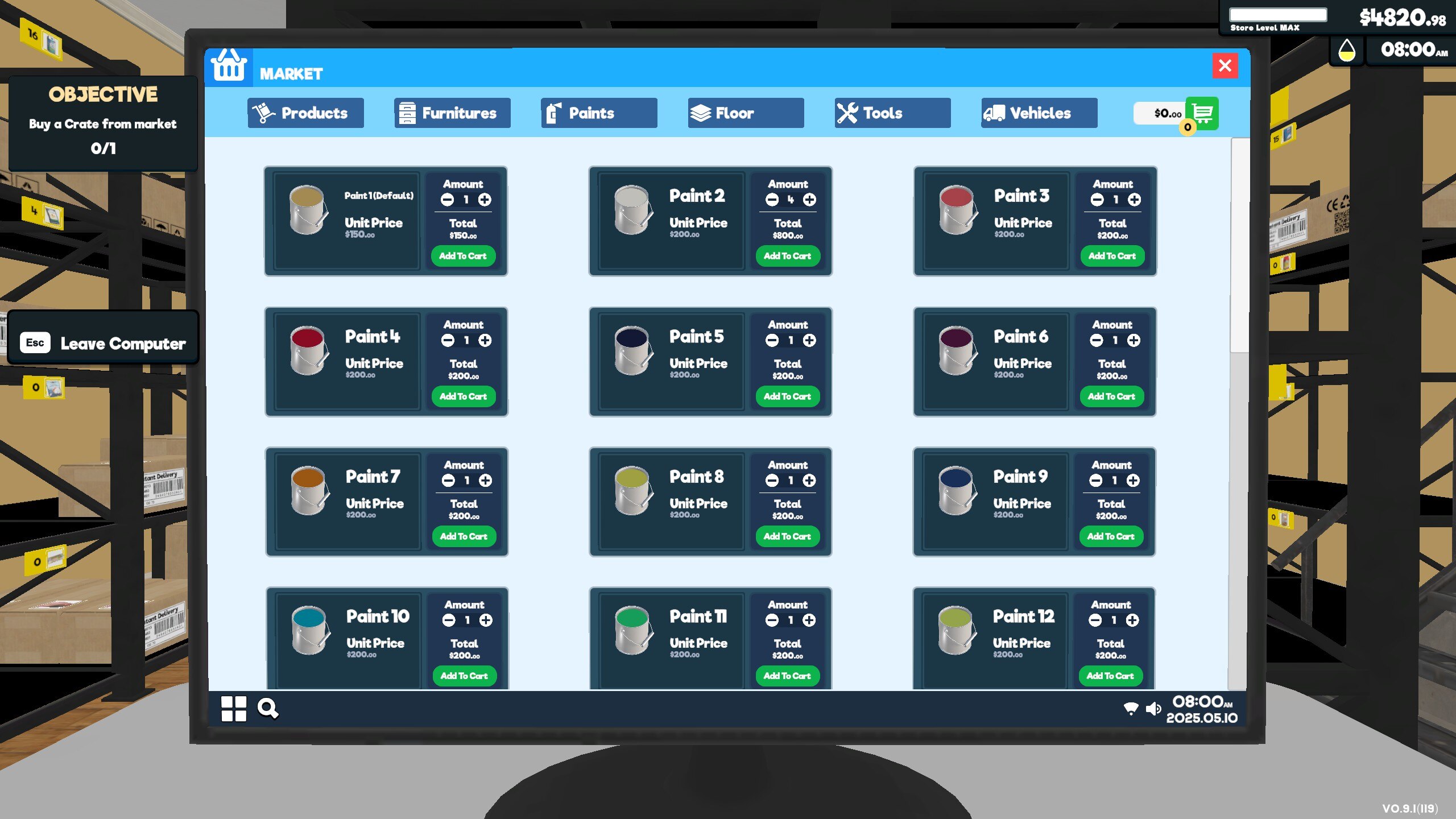 Market screen to buy various buckets of paint