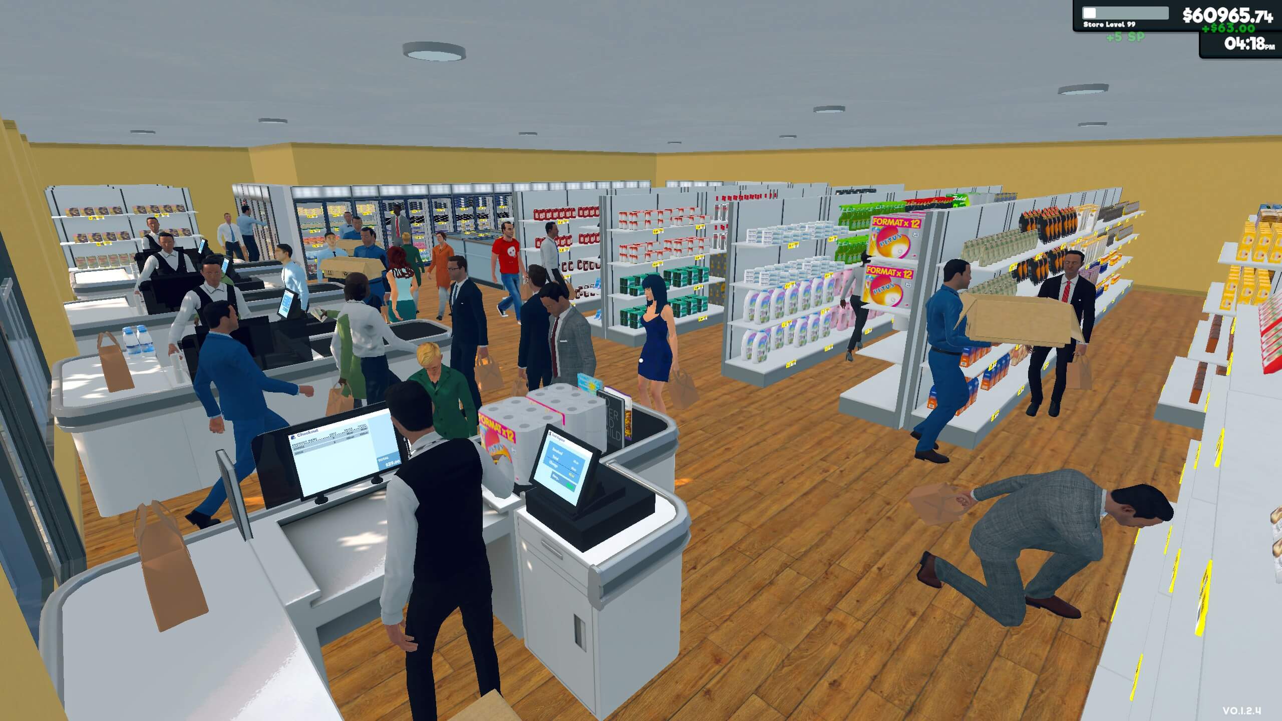 A very busy large supermarket. There are many customers walking around the shop and at the 4 checkouts being served.