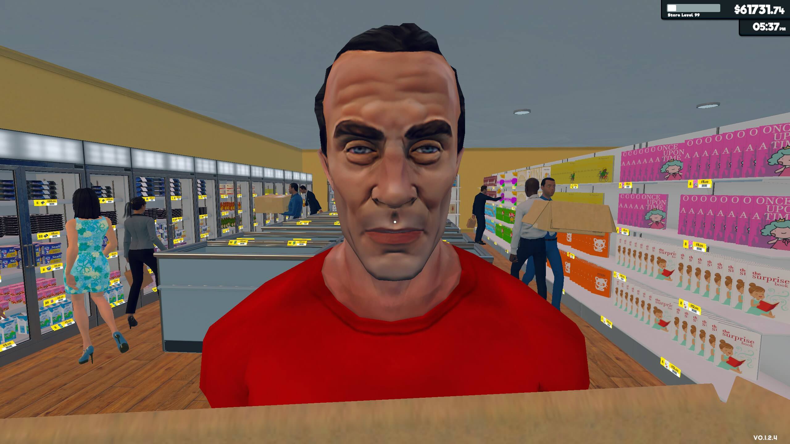 A man with a red shirt is staring right at the player. He looks angry as if he has been ripped off for the price of some sushi.