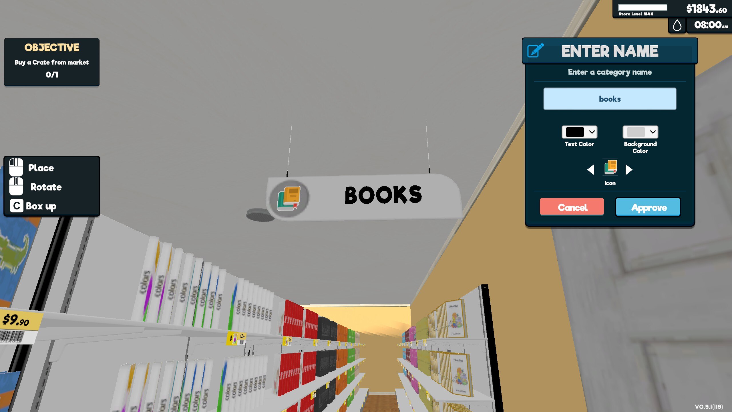 A sign placed on the ceiling above an isle, reading "Books"