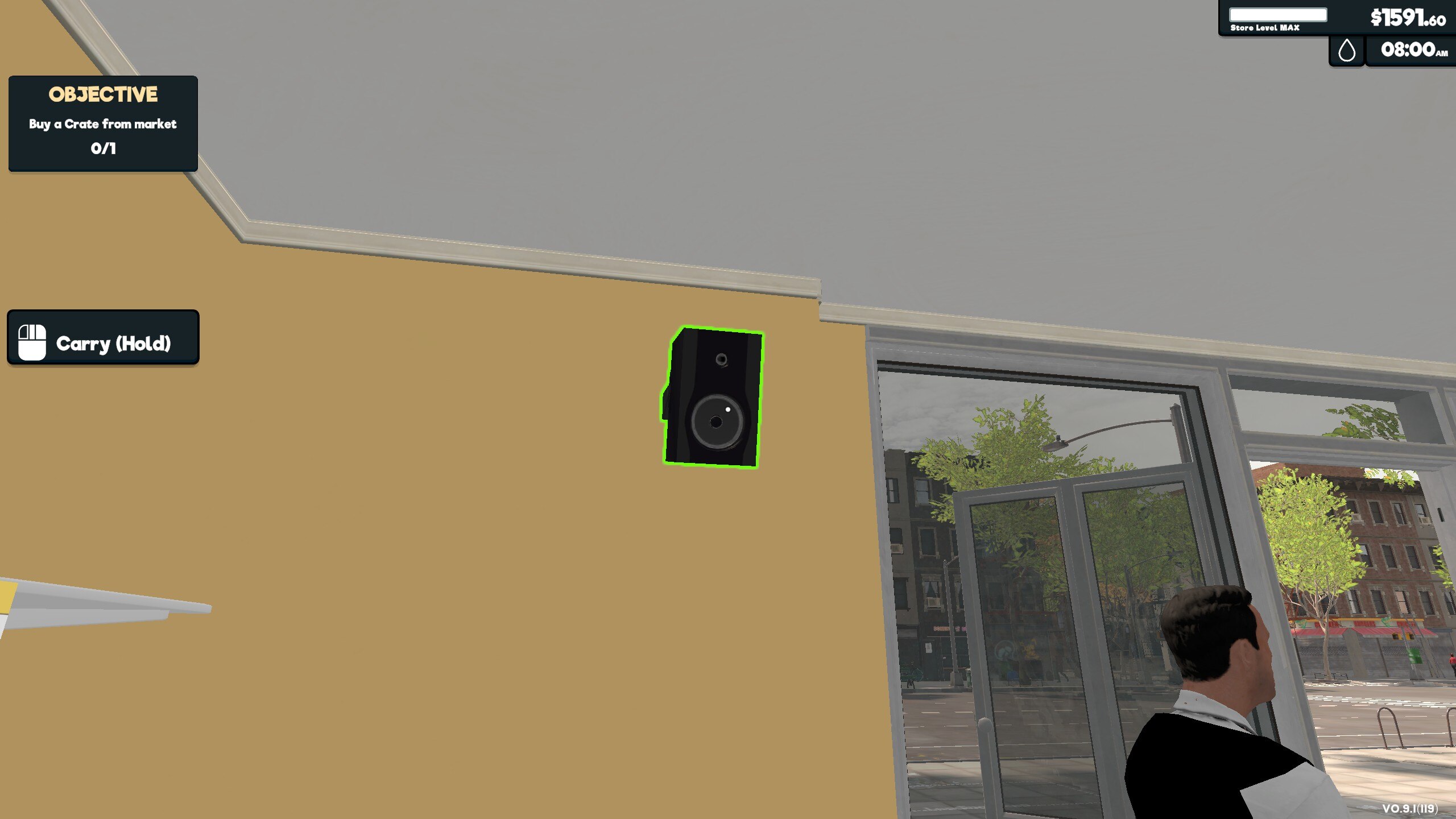 A speaker placed at the top of a wall in the supermarket
