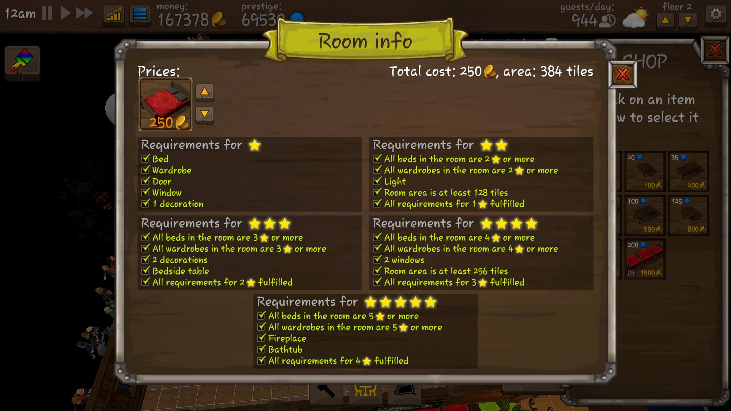 A popup showing the requirements for each star level of the hotel room.