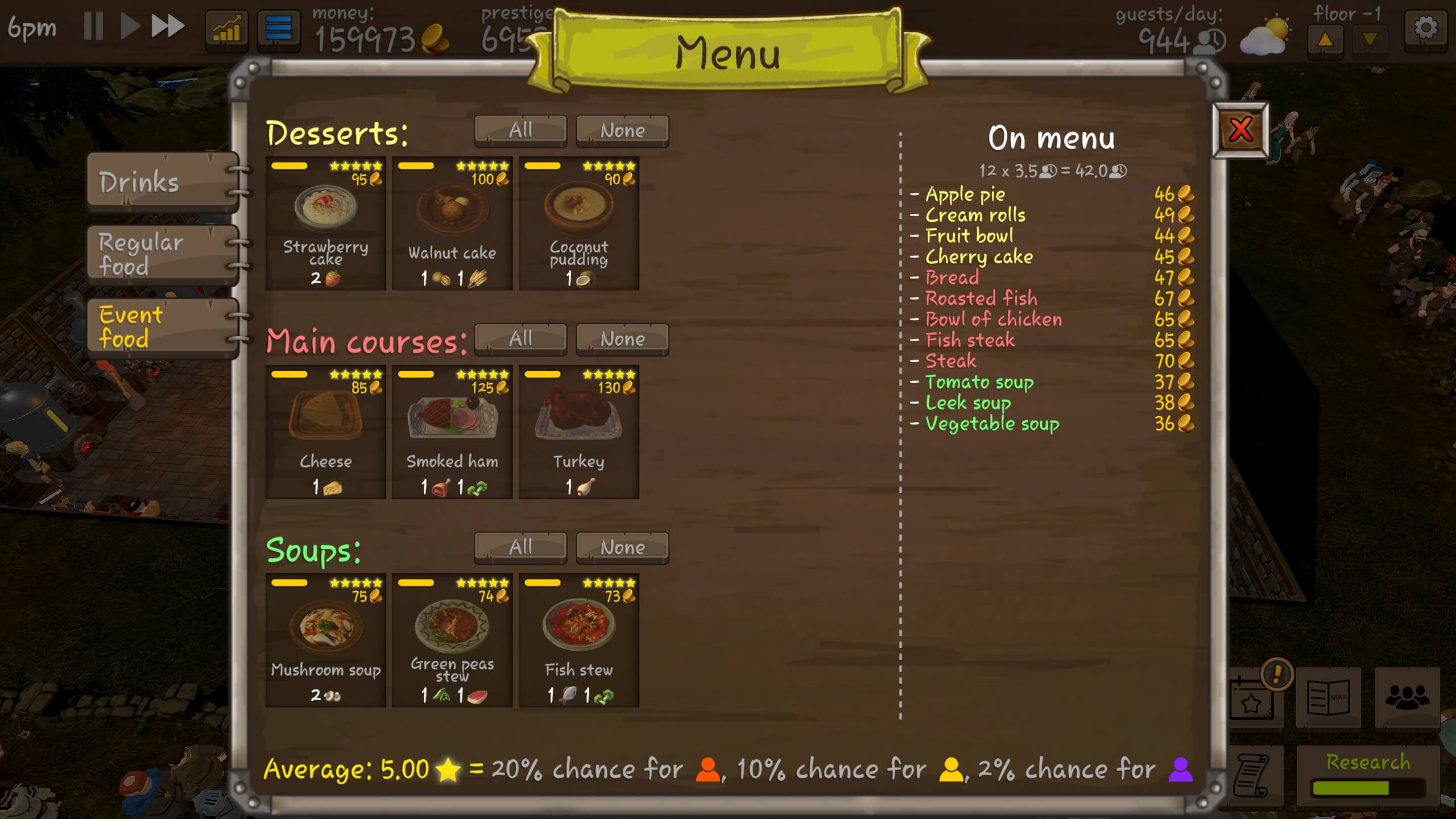 The event food tab of the menu, showing all items at 5 star level.