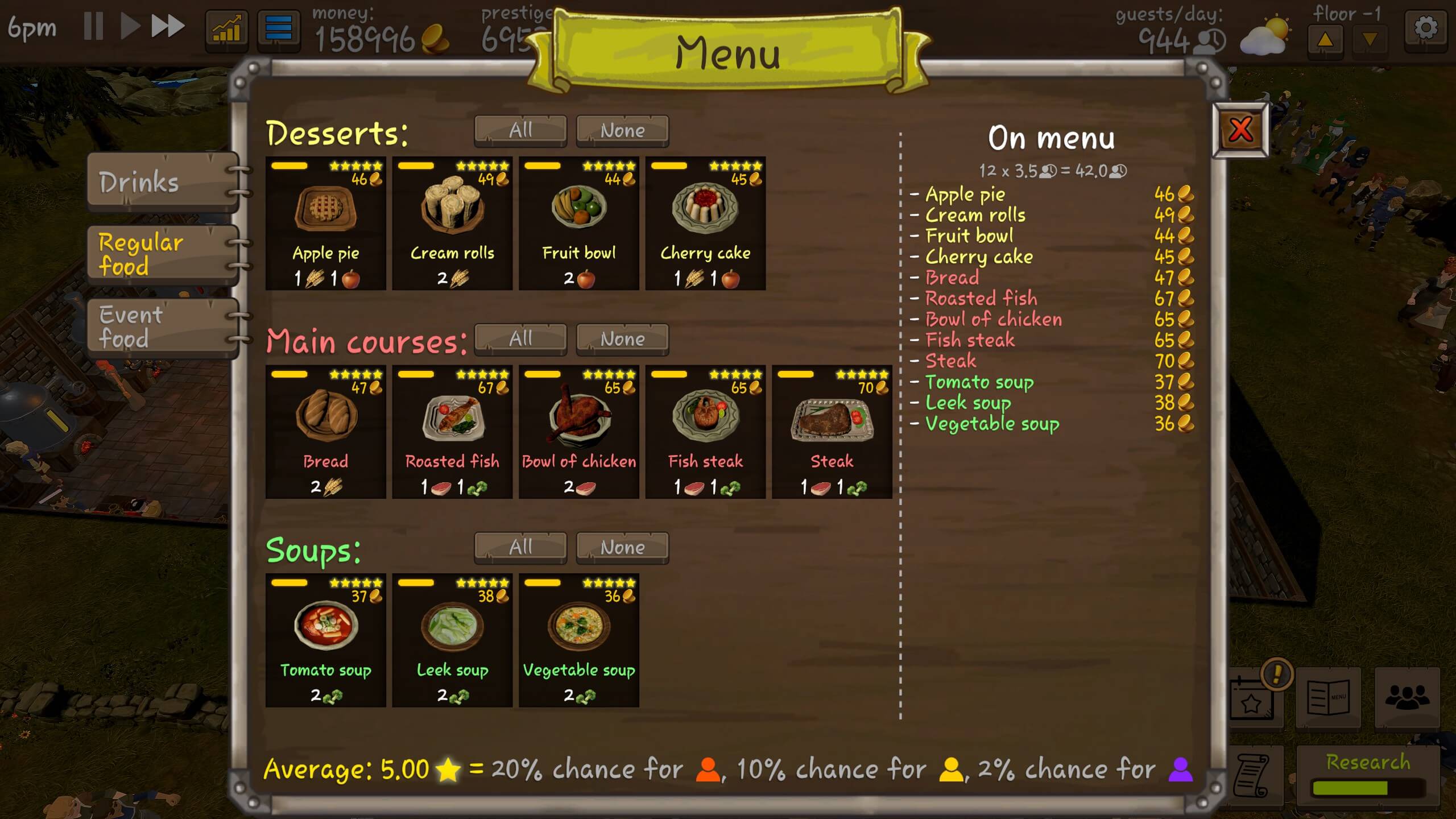 The regular food tab of the menu, showing all items at 5 star level.