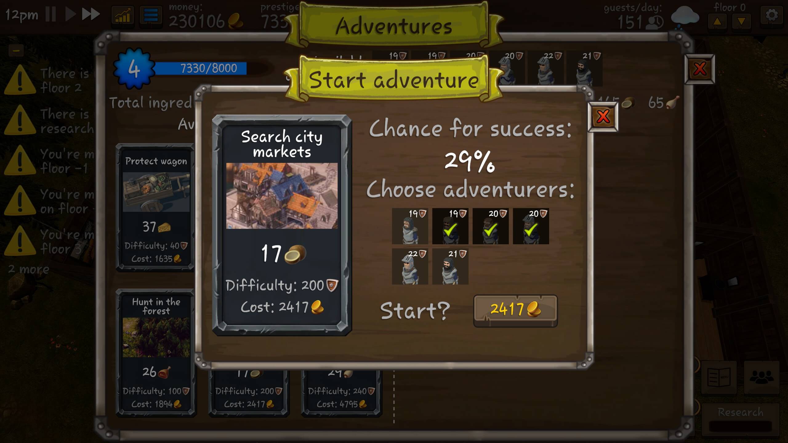 The adventure menu, with an adventure selected and a 29% chance of success with the chosen adventurers.