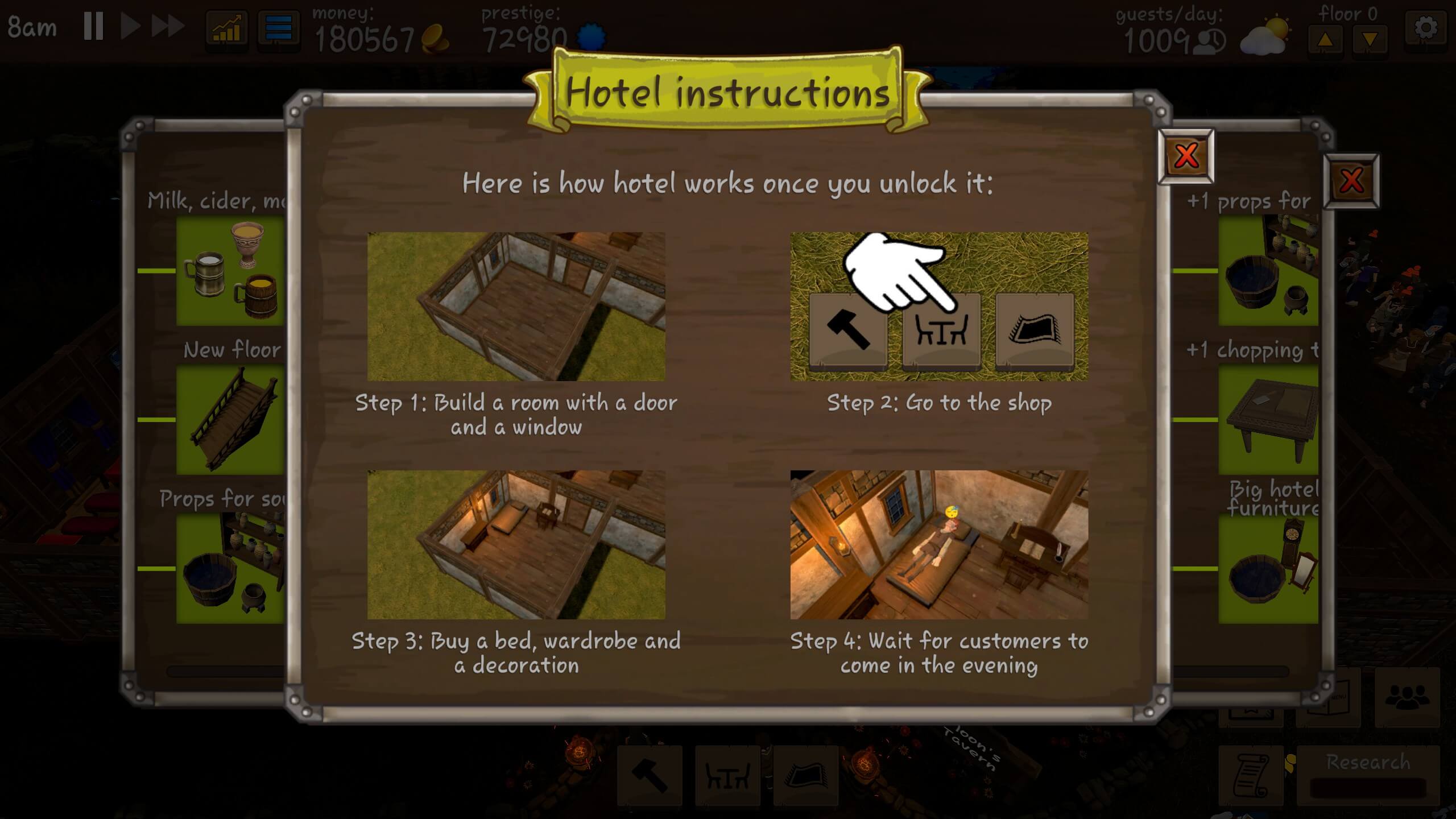 A screen displaying the instructions on how to create a hotel room.