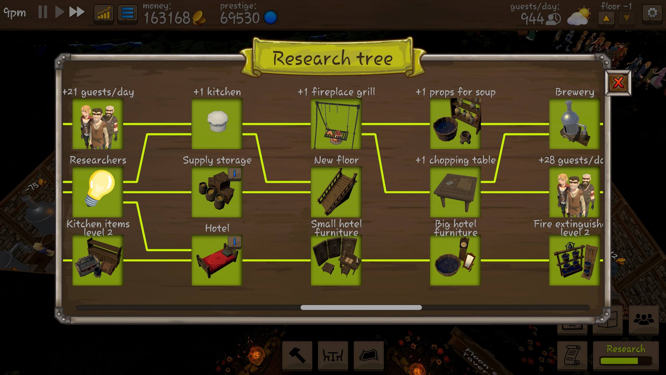 The research tree with the second floor shown amongst other unlockable items.