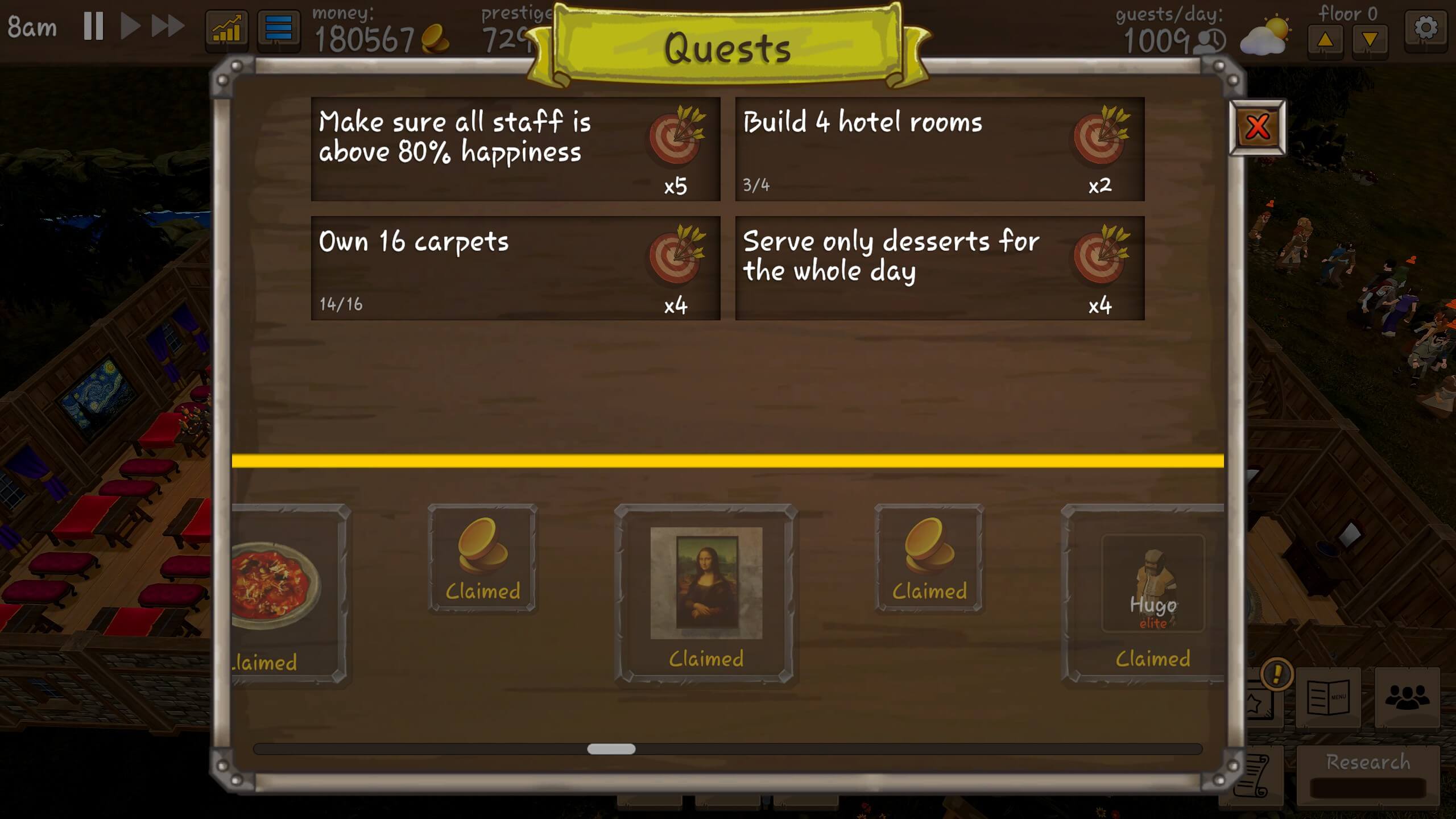 The quests screen, with the Mona Lisa painting unlocked.