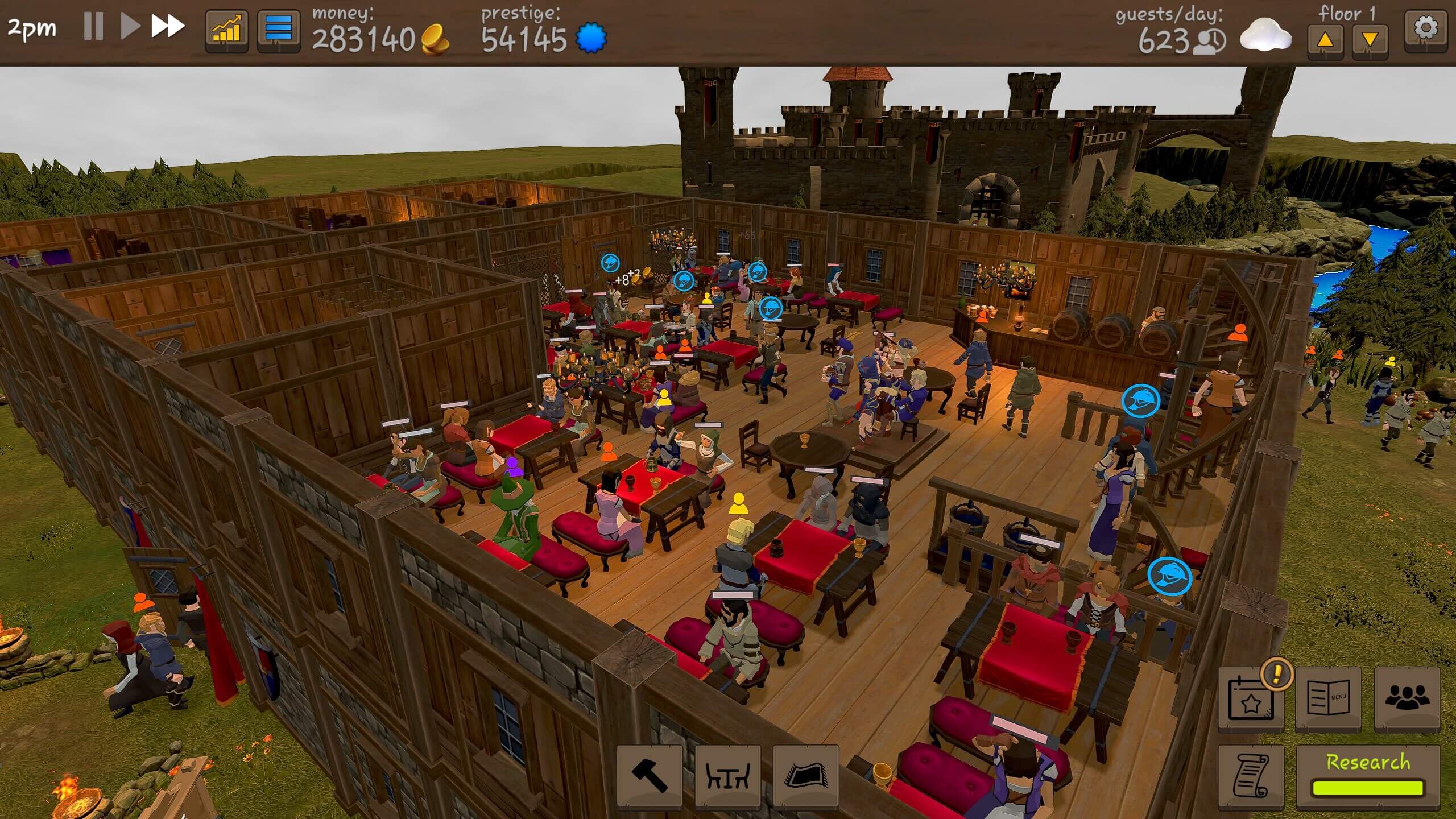 The first floor of the tavern. A musical band is the center-piece of the room with a bar in the far right corner and hotel rooms at the back. There are many tables and customers.