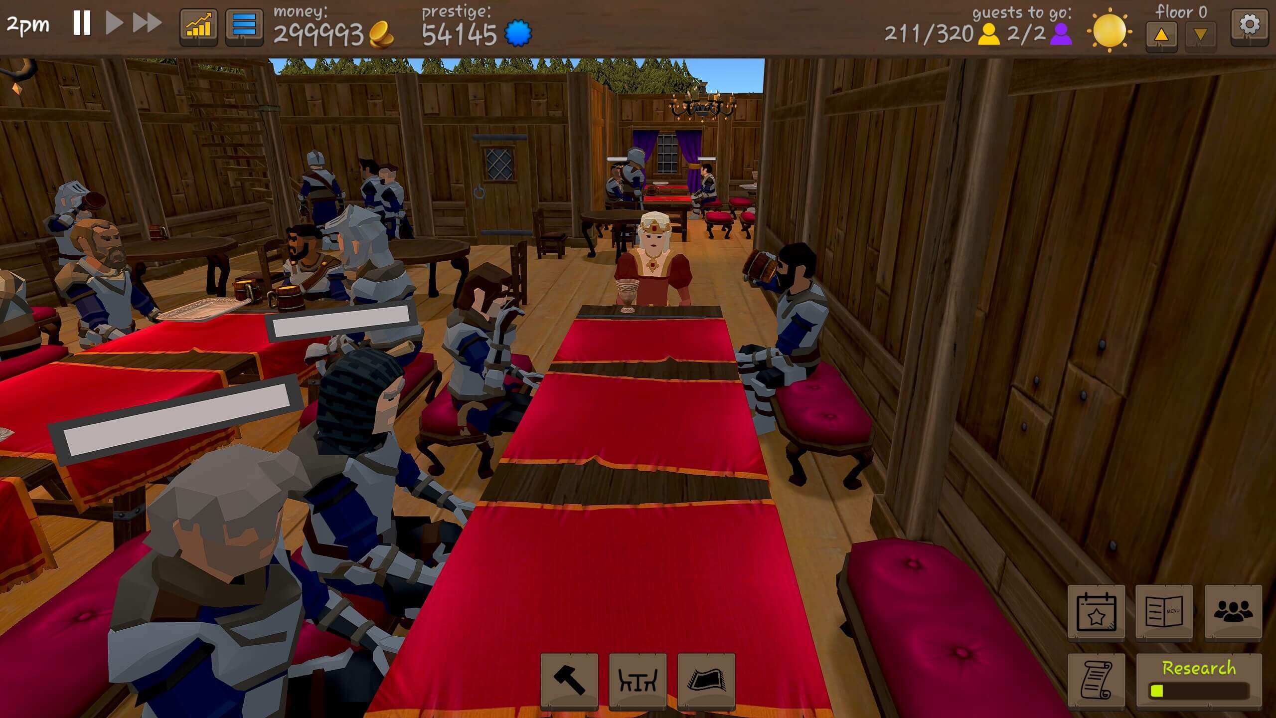 The Queen sits at the head of a long table with 4 knights. She is in a red dress with a crown and amulet, drinking from a goblet. The knights are in armour and drinking out of tankards.