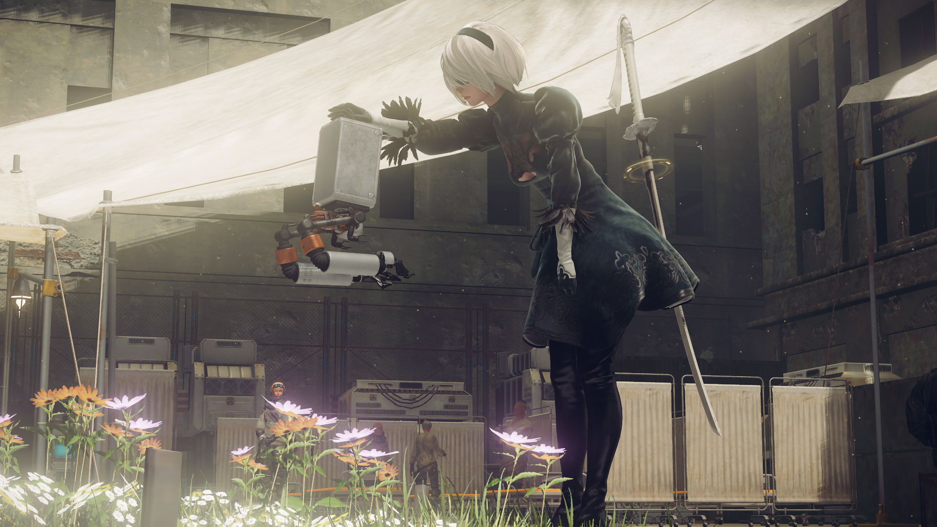 2B from Nier: Automataand patting Pod 042 on the head